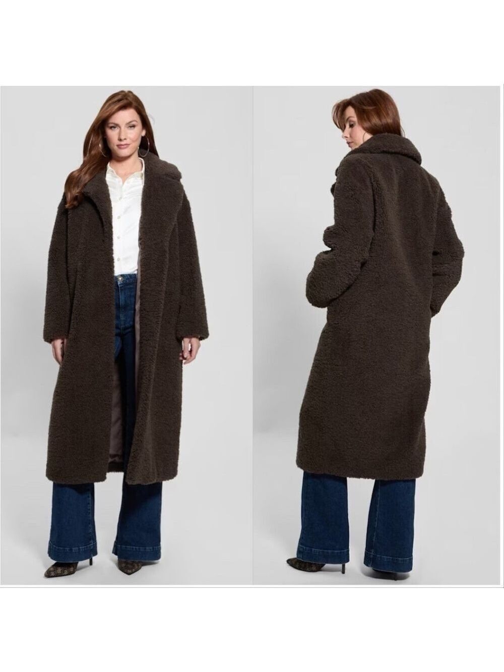 Guess Womens Eco Alina Teddy Longline Coat Brown XS Winter Coat